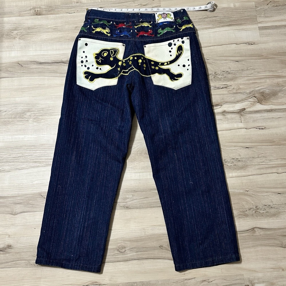Vintage Raw Blue Denim Jeans; Y2K Running Dog Chase W34/L29 Colorful Embroidery